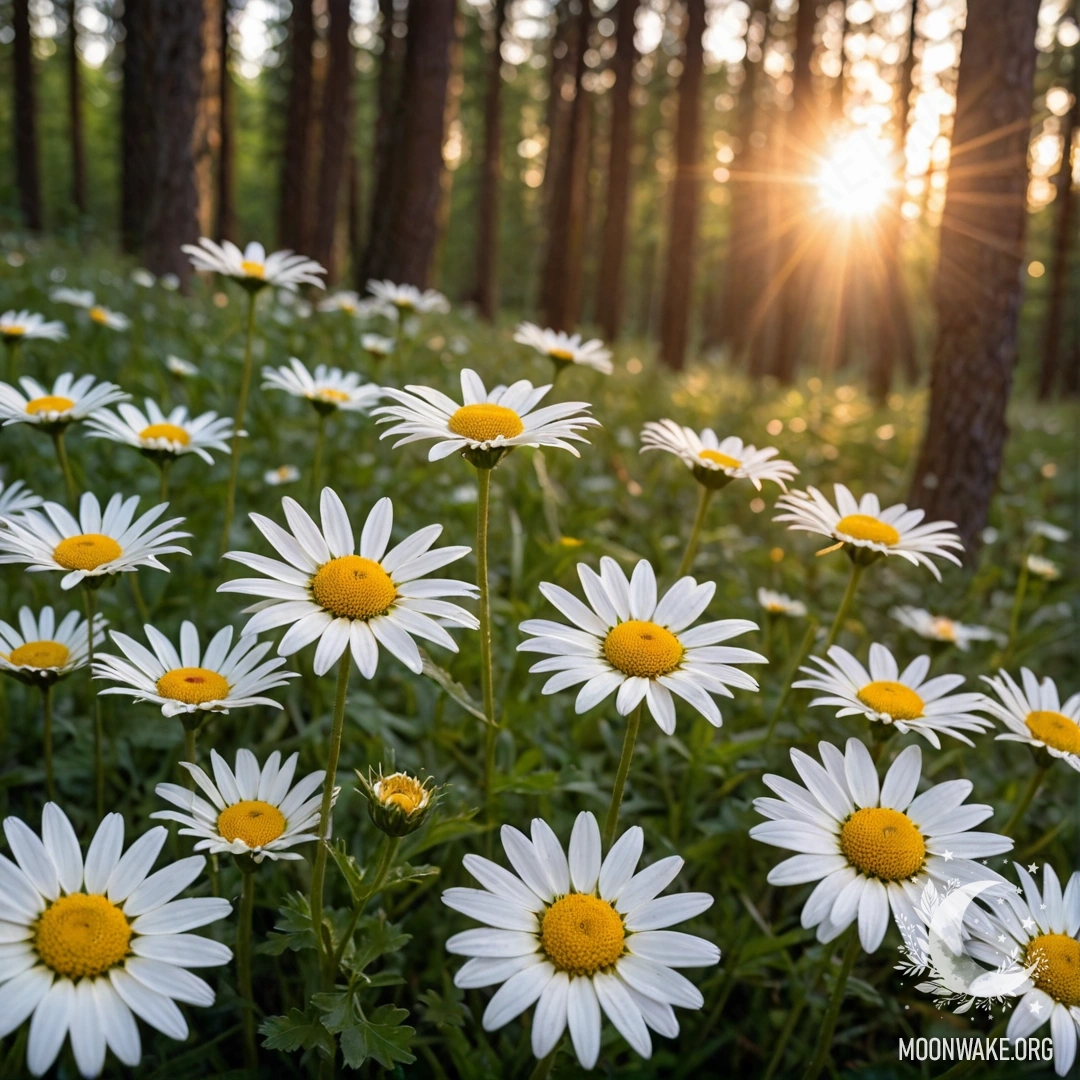 Close-up of daisies illuminated by sunset in a forest.