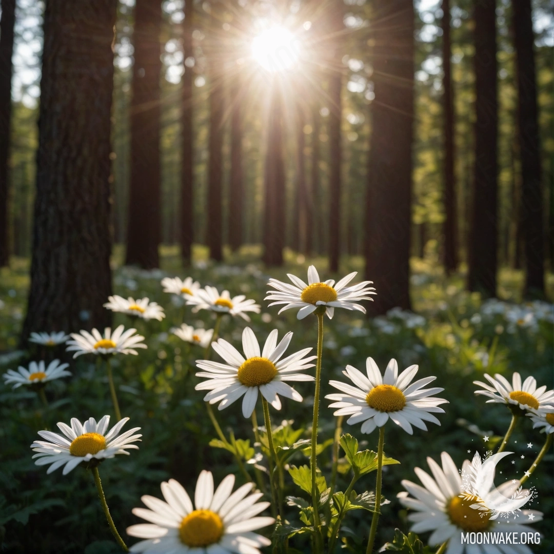 Close-up image of daisies illuminated by the sunset light filtering through trees in a forest.