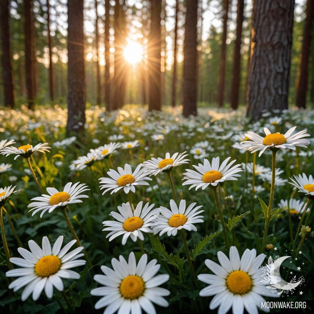 Close-up of daisies illuminated by sunset, with forest trees in the background.