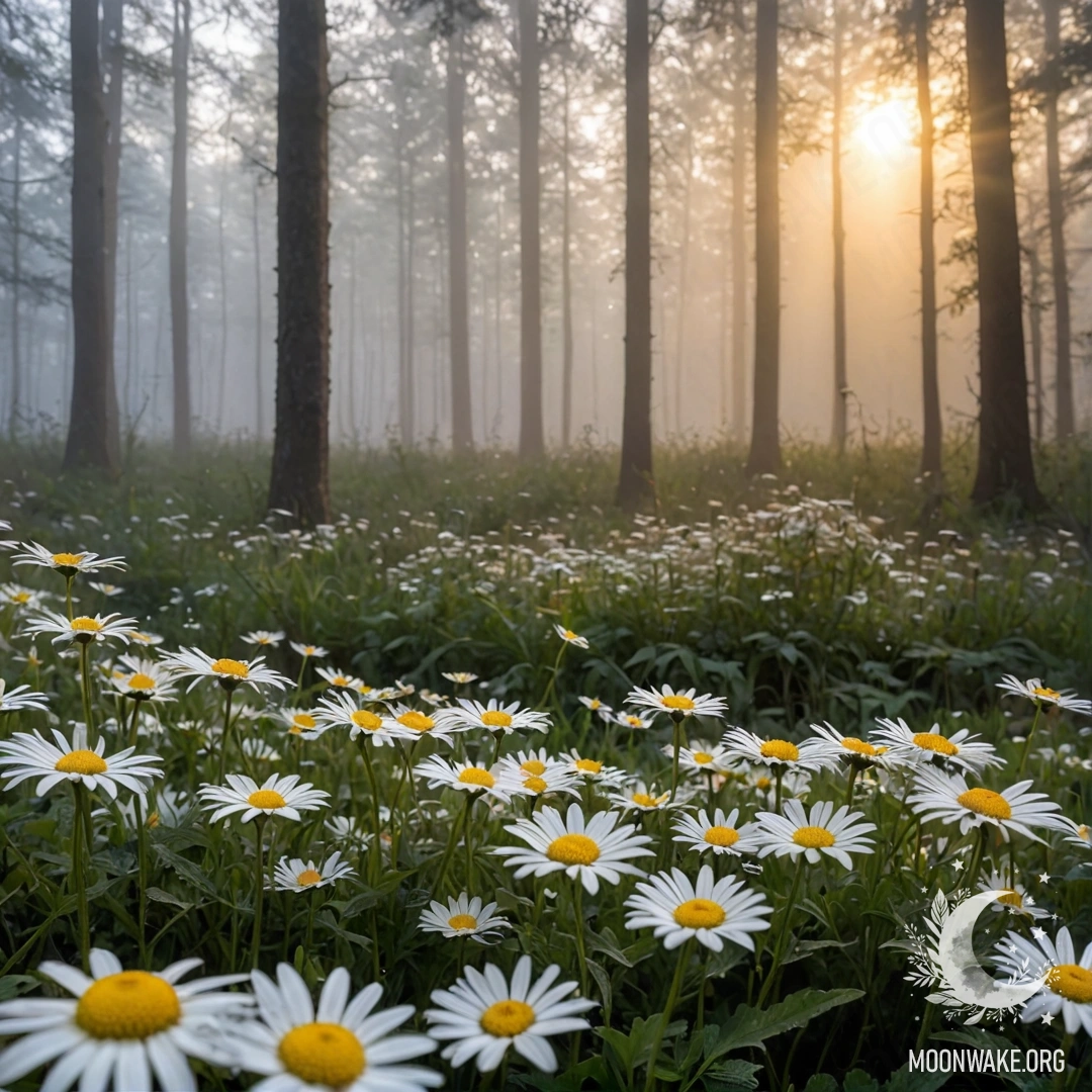 Close-up of daisies with the sun setting behind trees, mist enveloping the scene.