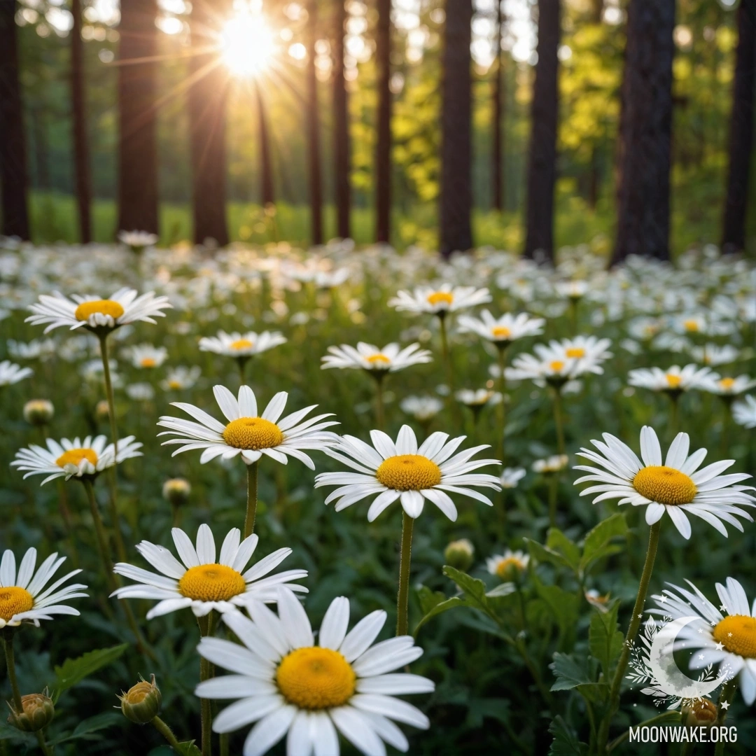A close-up of daisies illuminated by sunset in a forest