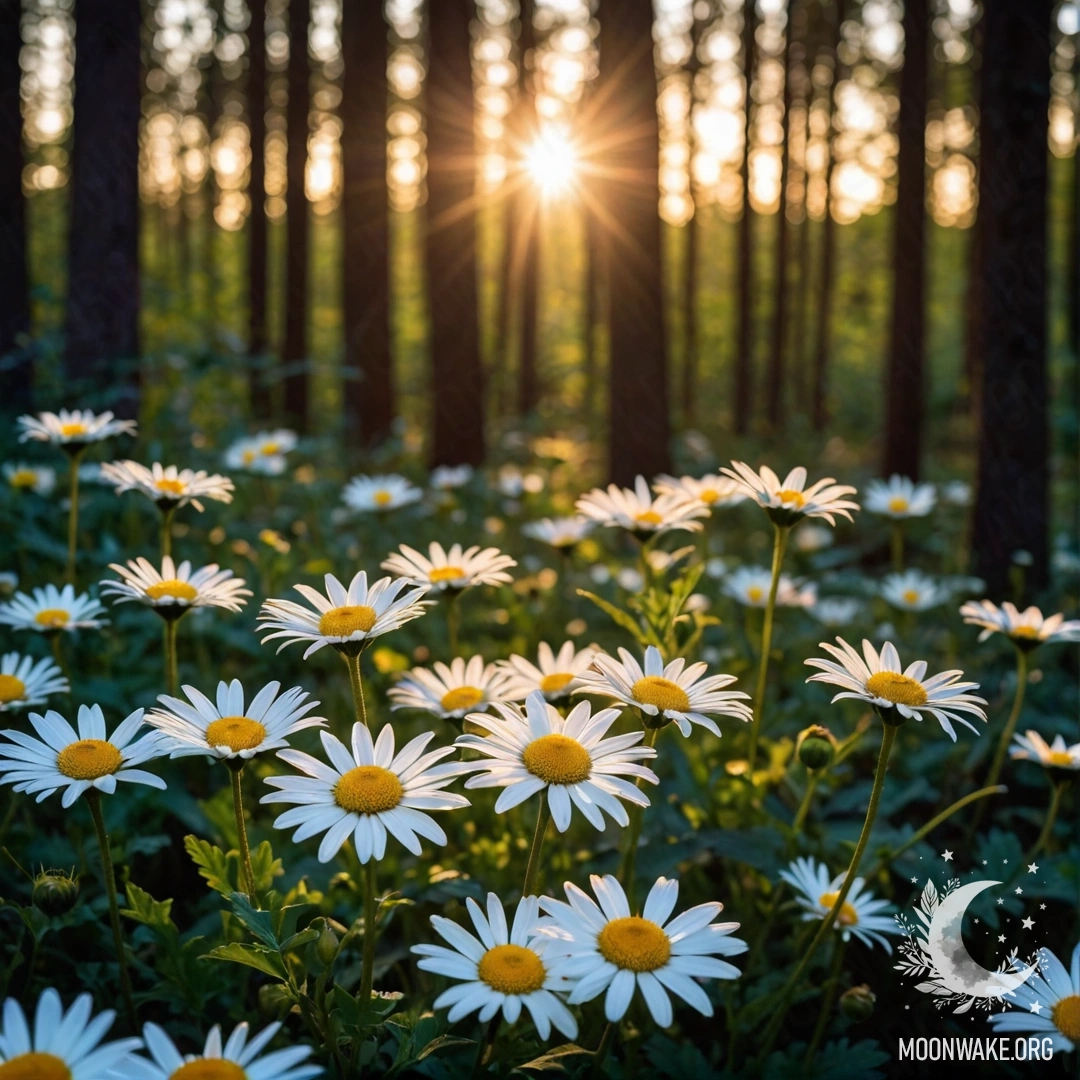 A close-up of daisies illuminated by the sunset in the forest.