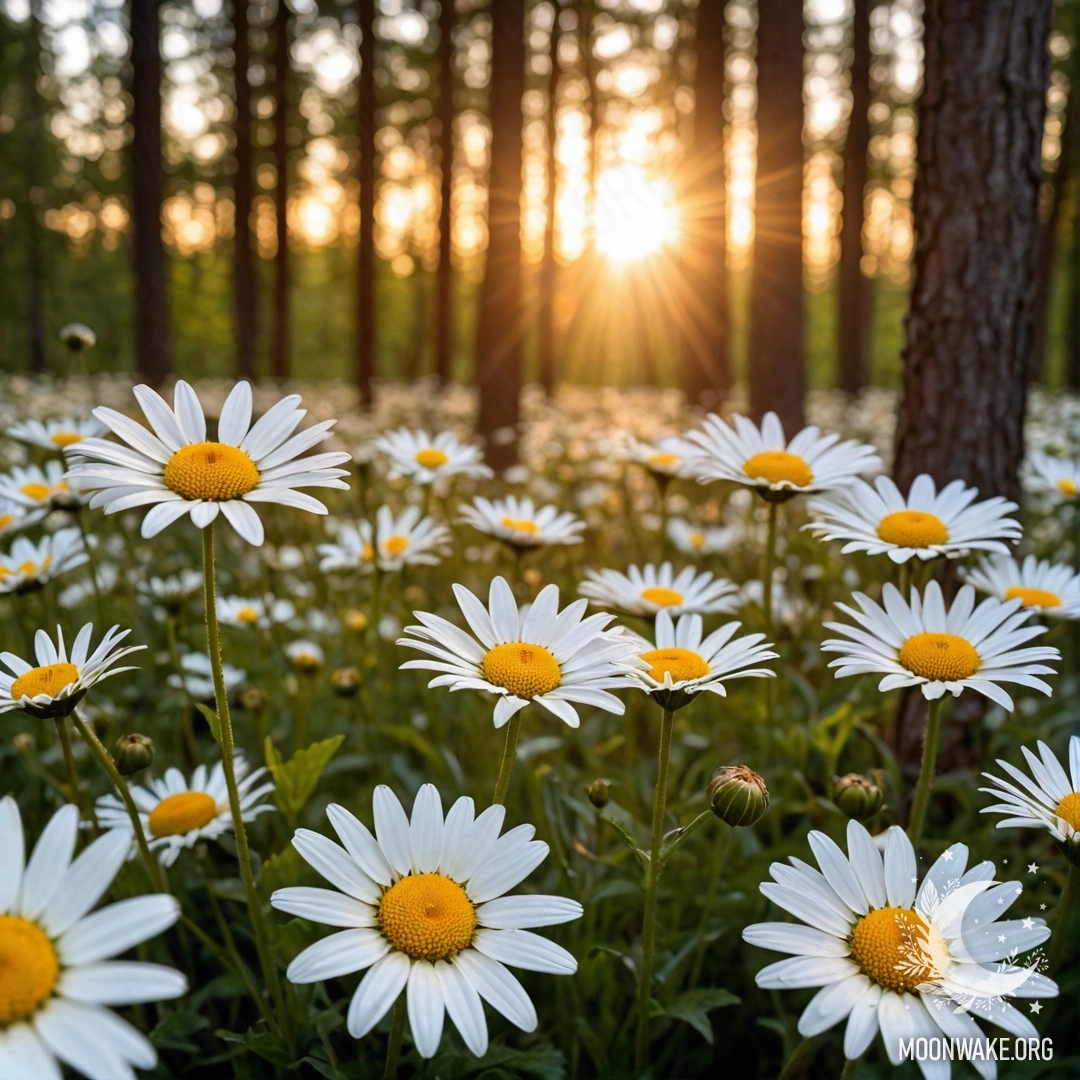 Close-up of daisies illuminated by sunset light filtering through trees.