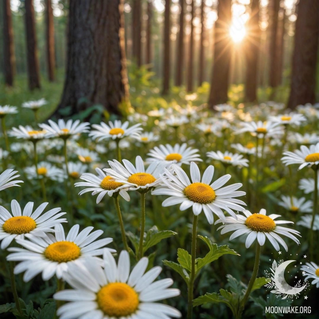 A close-up of daisies framed by sun rays in a forest at sunset.