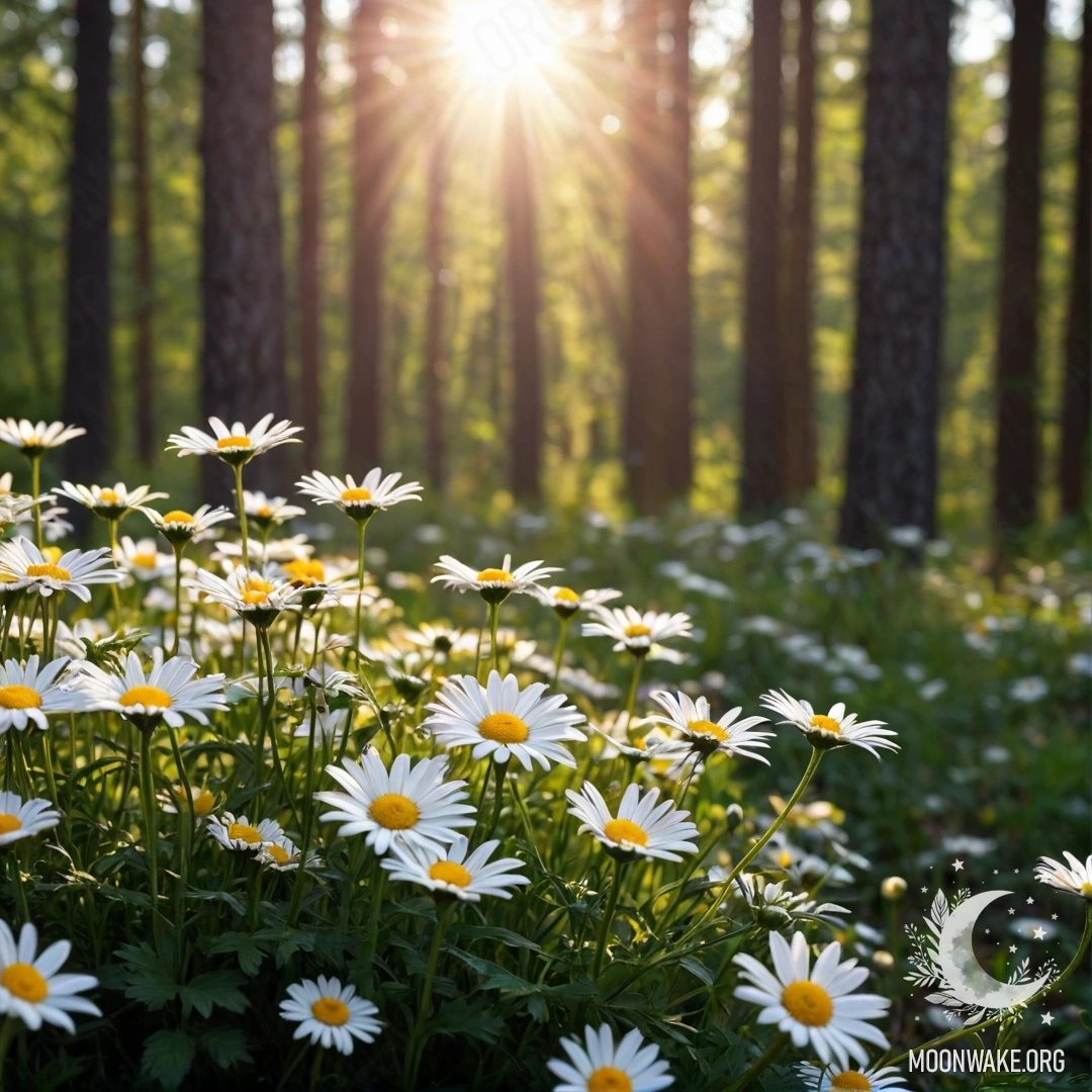 Close-up of daisies illuminated by golden sun rays during sunset in the forest.