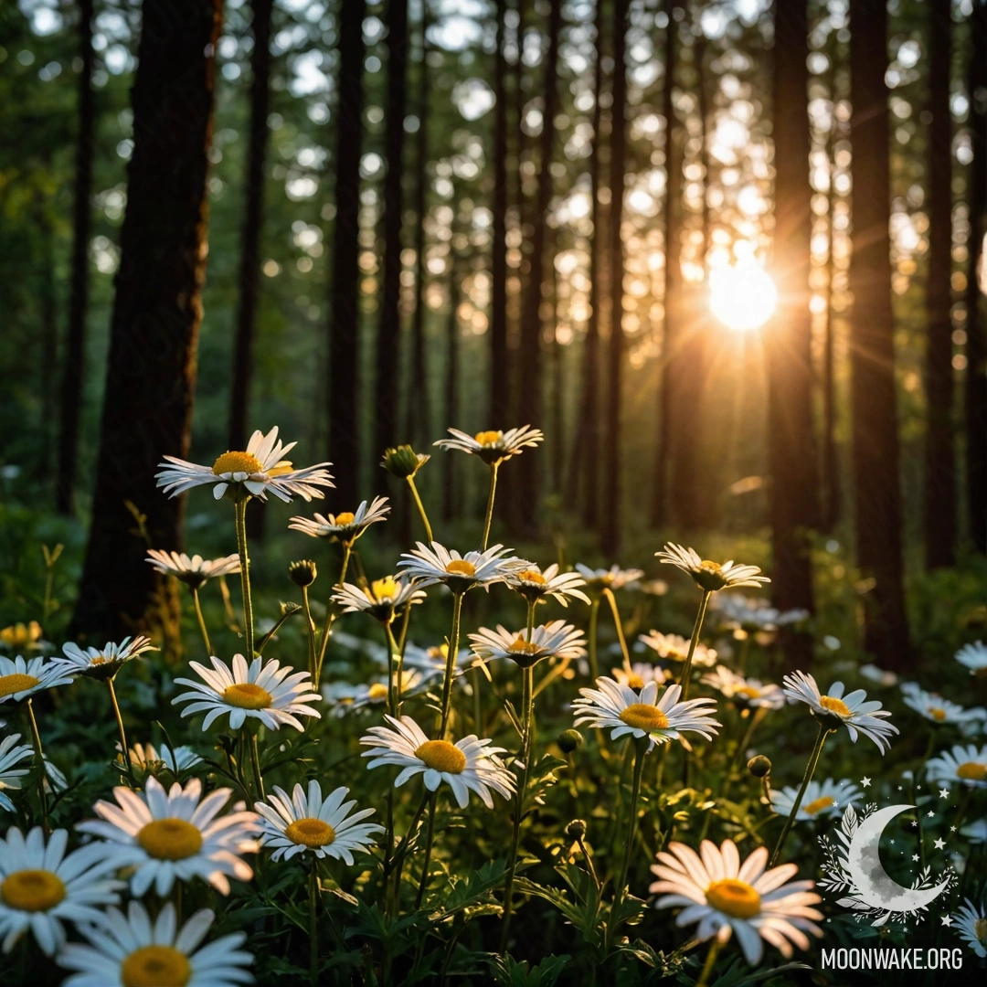 Sunset Through Forest Trees A close-up of daisies illuminated by the sunset in a forest.