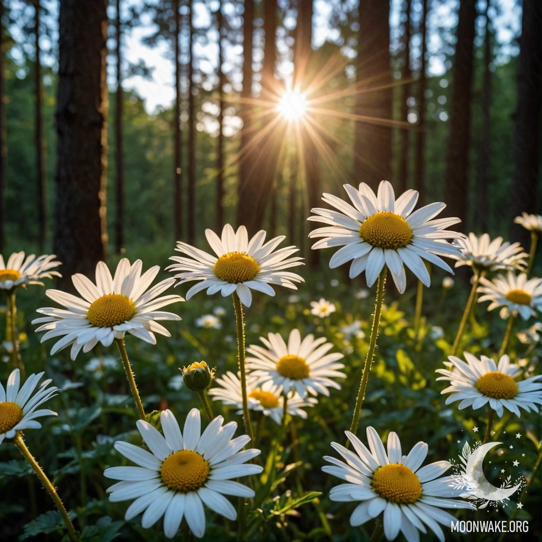 Close-up of daisies illuminated by the sunset in a forest.