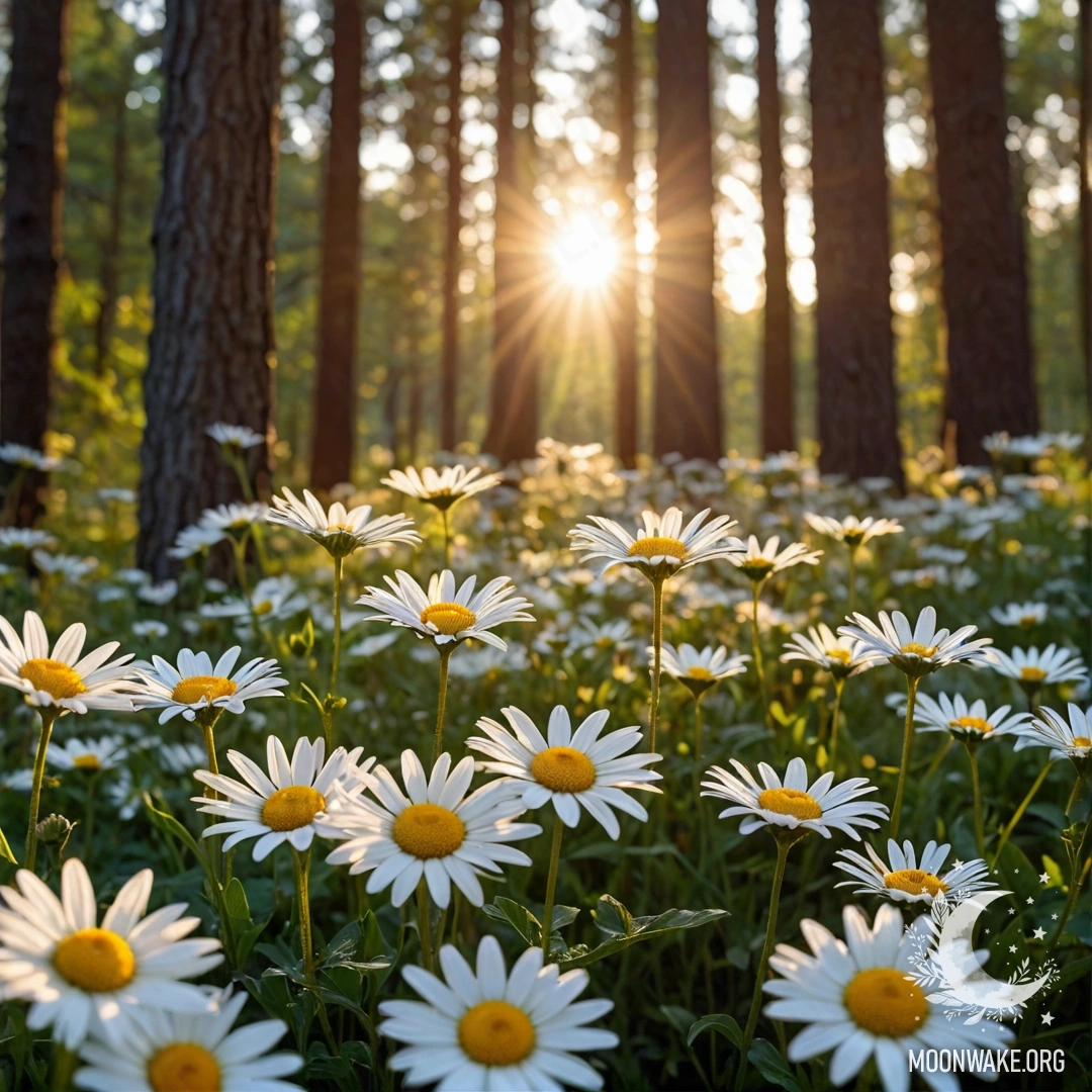 Close-up of daisies illuminated by sun rays filtering through trees at sunset.