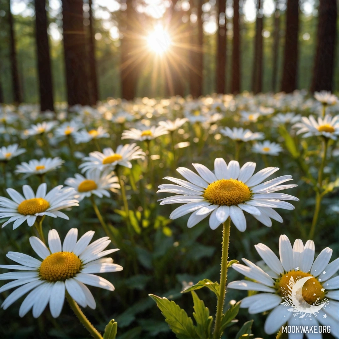 Close-up of daisies with sun shining through trees at sunset.
