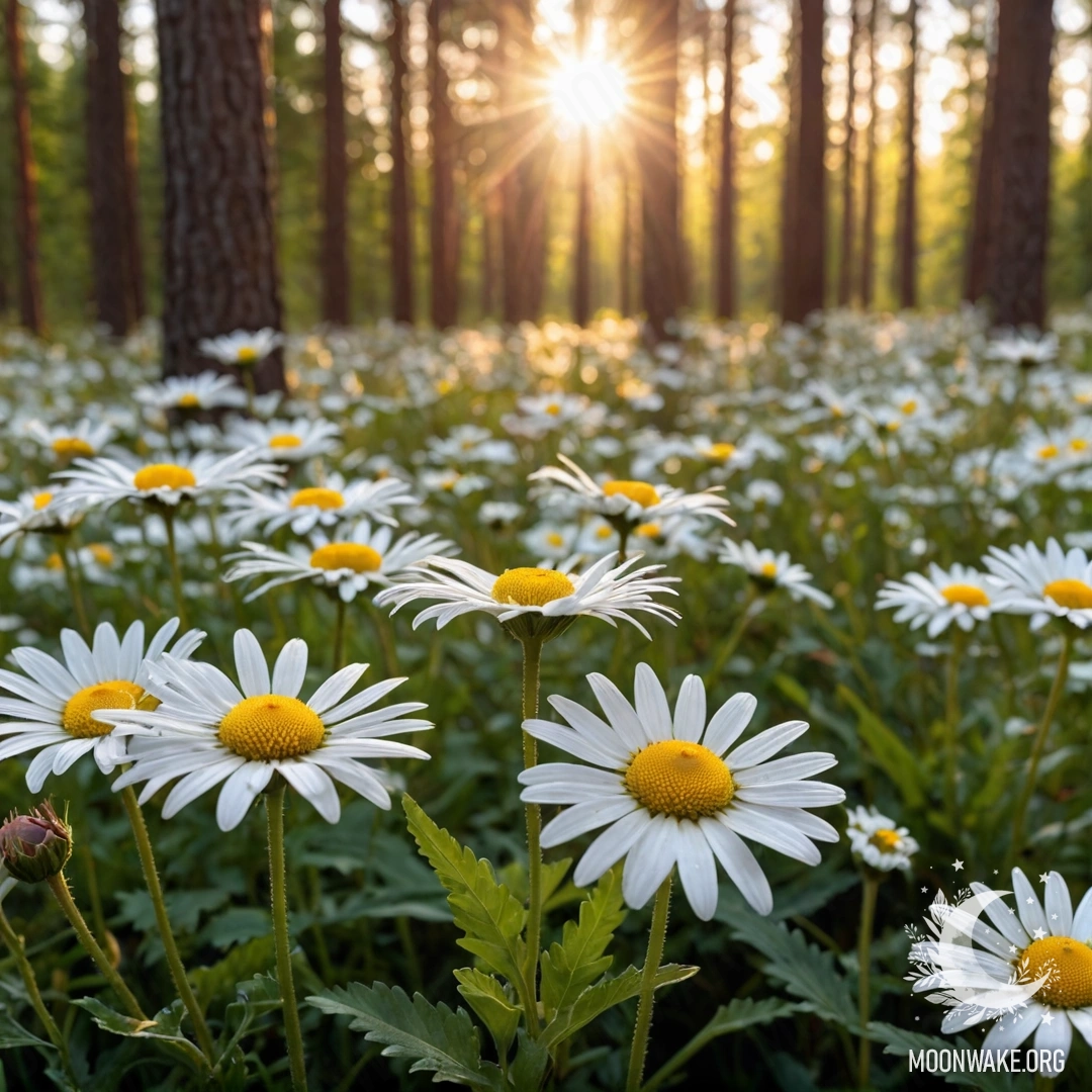 Photorealistic view of the sun setting through trees, with close-up daisies.
