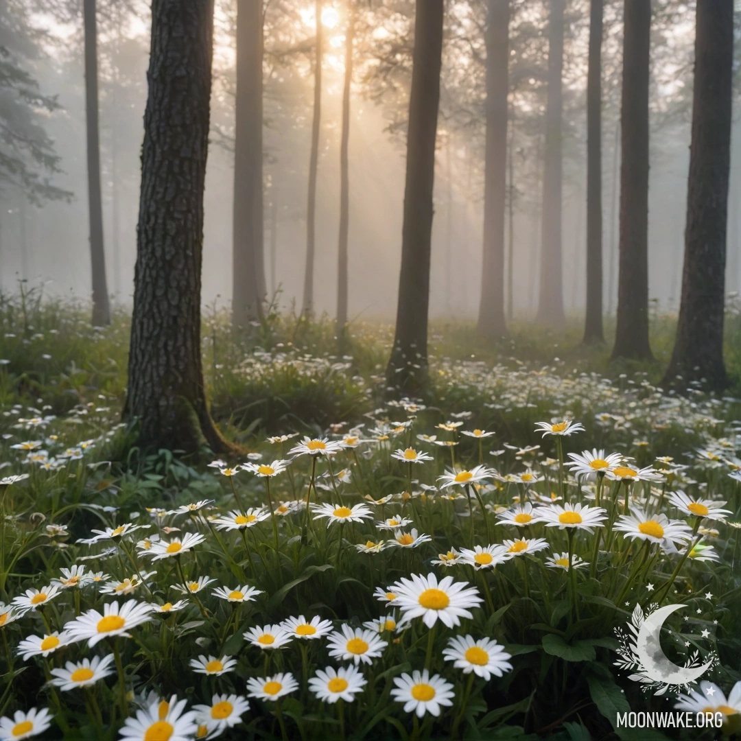 Sunset Through Forest Trees Close-up of daisies in a foggy forest with sunset light filtering through trees.