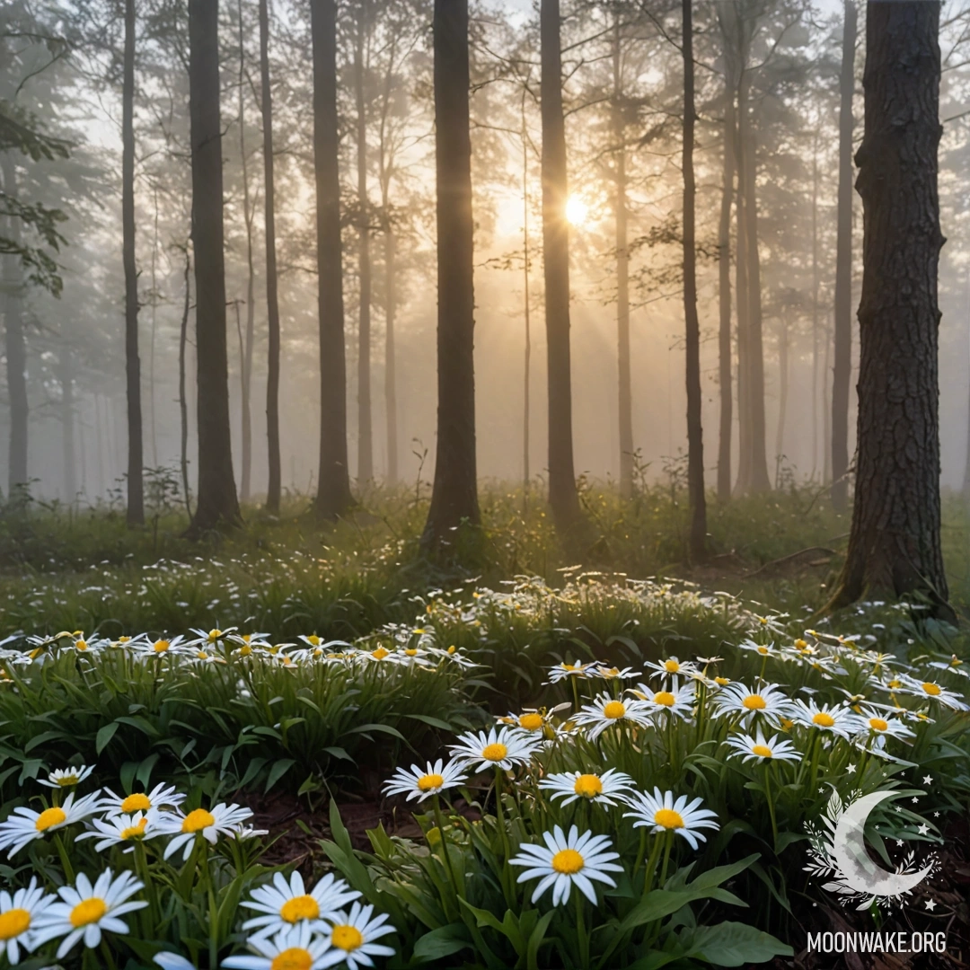 Close-up of daisies in a foggy forest during sunset.