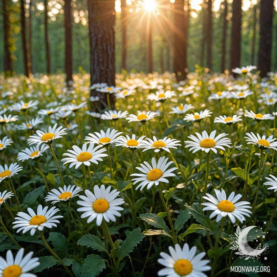 Close-up of daisies illuminated by garland lights with a sunset in the forest backdrop.