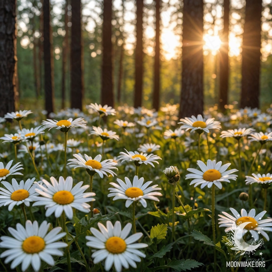 Sunset Through Forest Trees Close-up of daisies illuminated by sunset in a forest