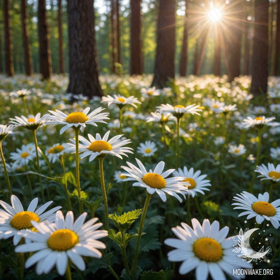 A close-up view of daisies illuminated by the sunset through trees in a forest.