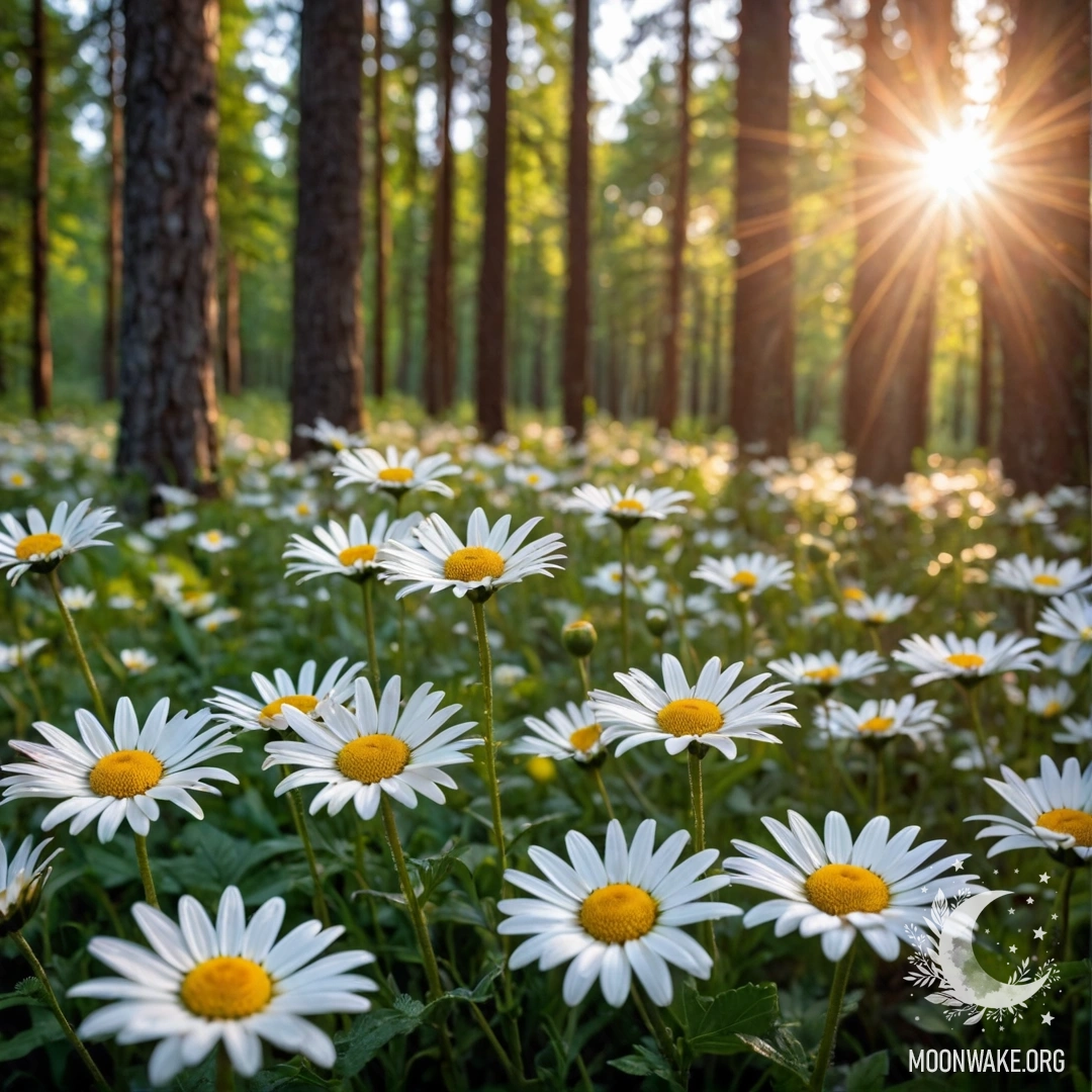 Close-up of daisies illuminated by the sunset in a forest.