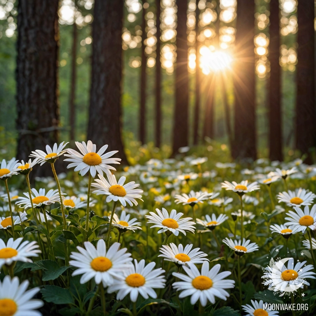 Sunset Through Forest Trees Close-up of daisies illuminated by garland lights in the forest at sunset.