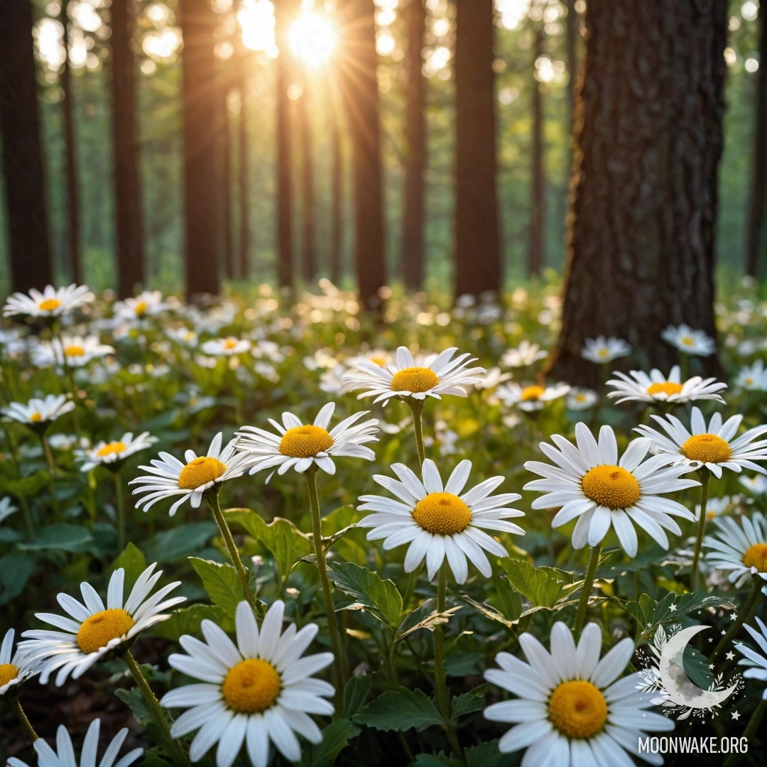 A close-up of daisies with light garland shining through forest trees at sunset.