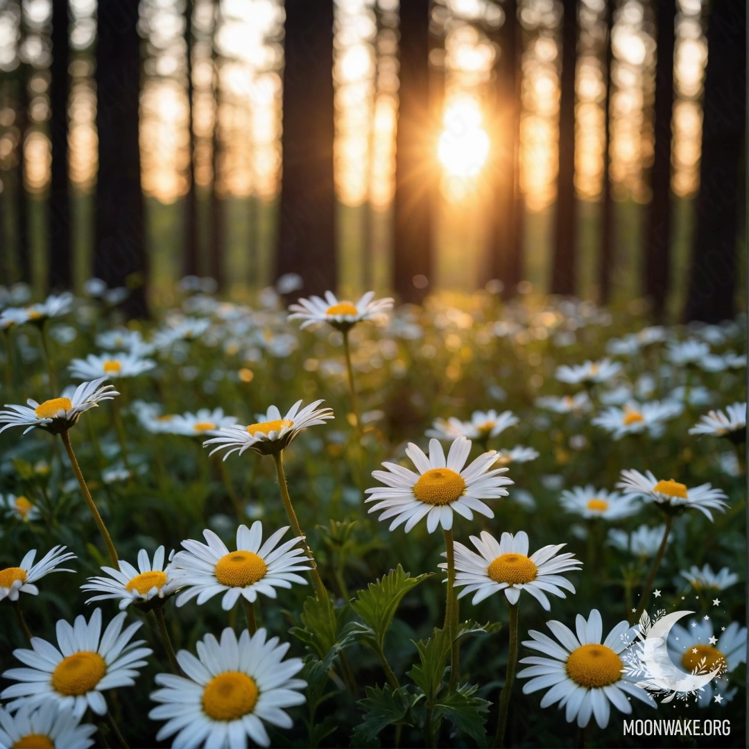 View of trees in the forest with sunlight shining through at sunset, close-up of daisies at night.
