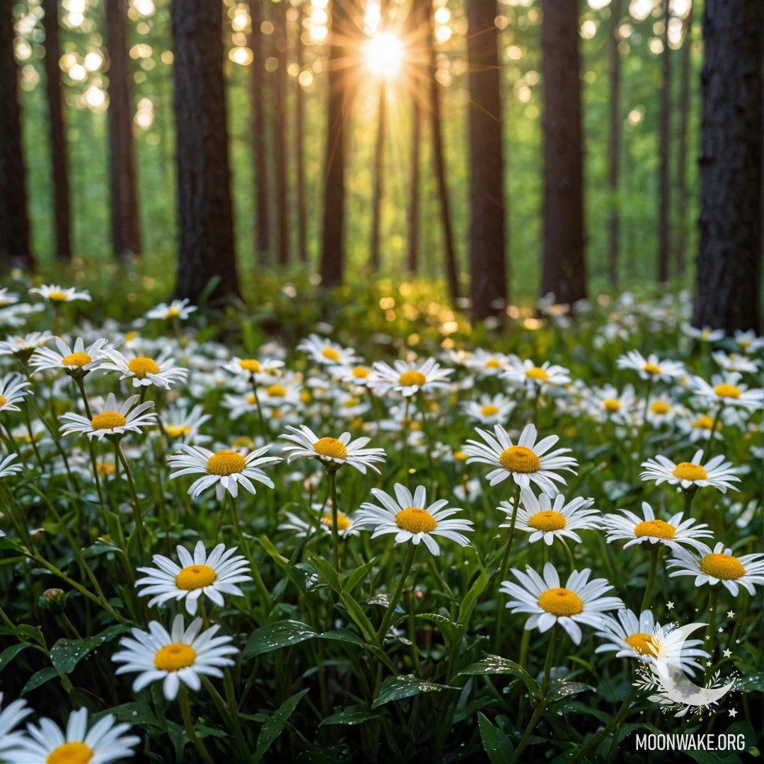 A close-up of daisies with raindrops, illuminated by the sunset through trees.
