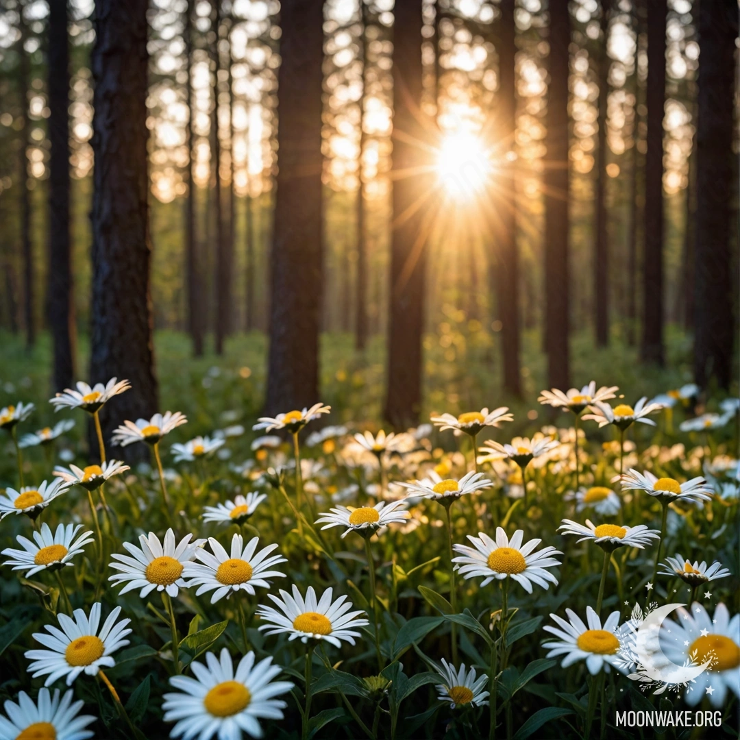 The sun shining through trees in a forest at sunset, with close-up daisies.