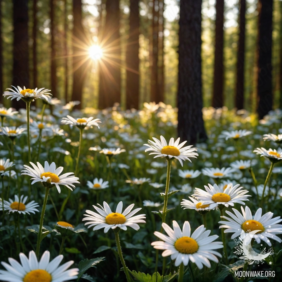 Sunset Through Forest Trees Close-up of daisies with sunlight filtering through the trees at sunset.