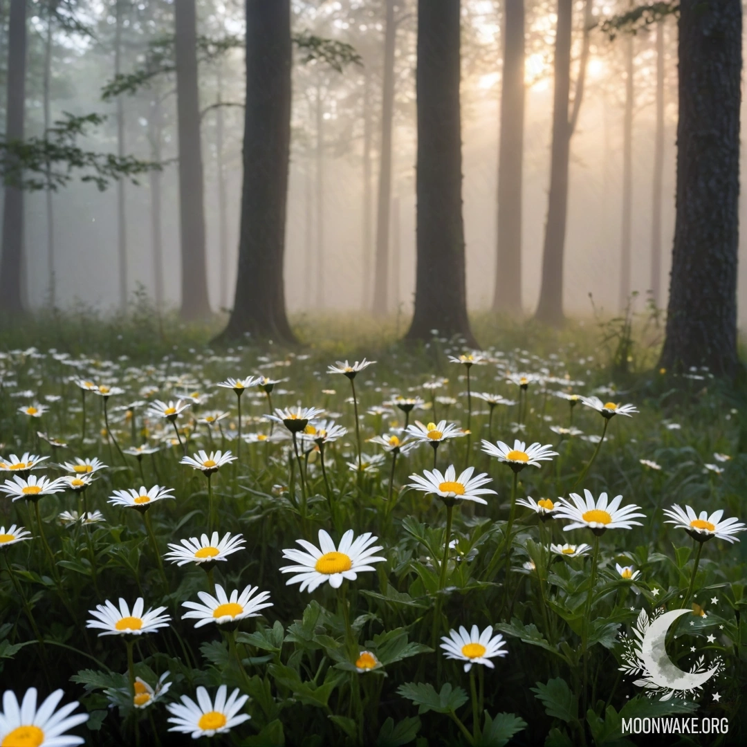 A serene sunset illuminating trees in a misty forest with daisies in the foreground.