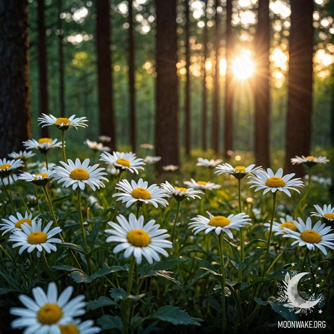 Sunset Through Forest Trees Close-up of daisies illuminated by the sunset and surrounded by trees in a forest at night.