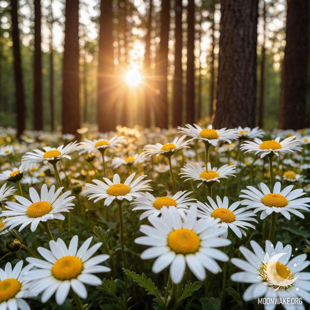 Close-up of daisies illuminated by sunset in a forest.