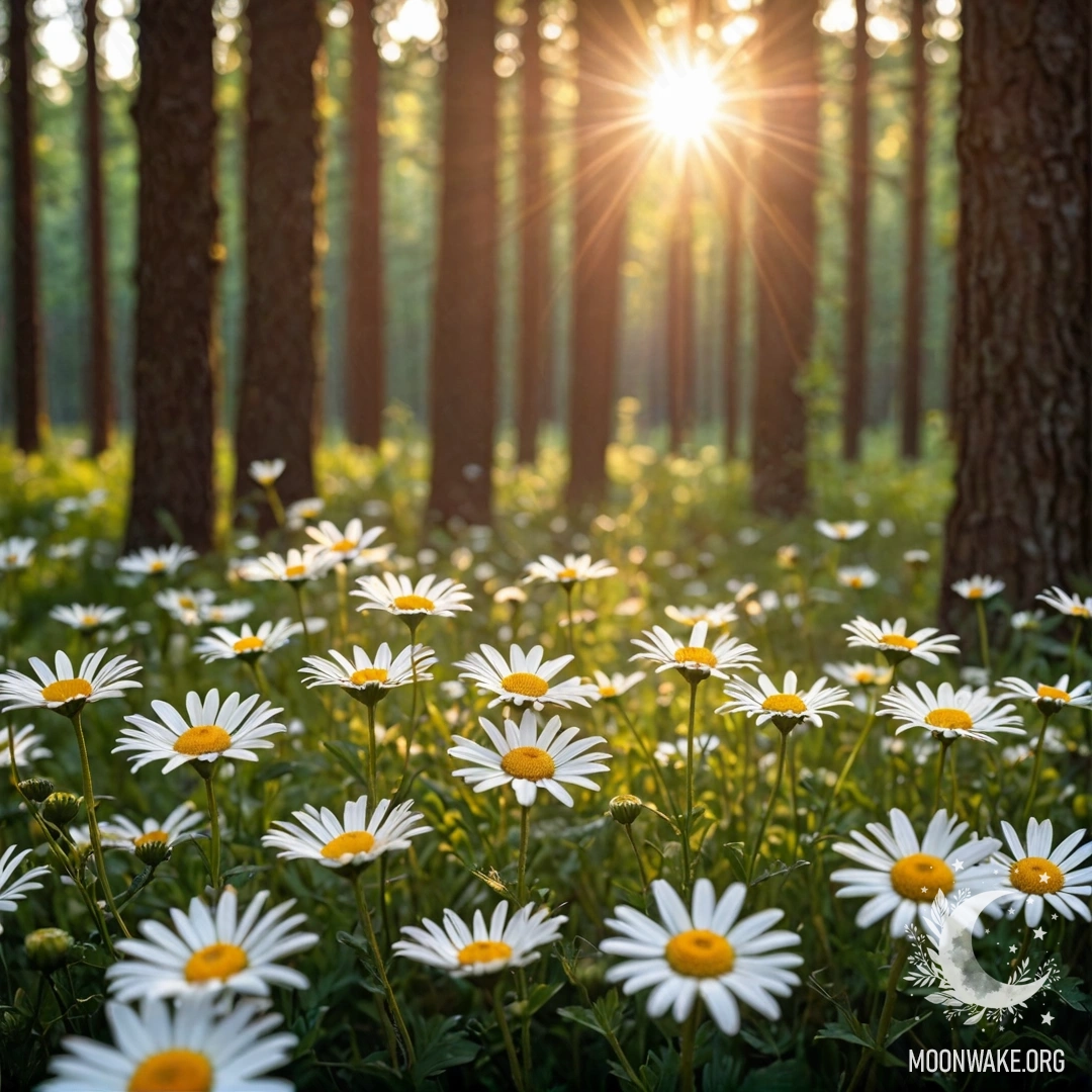 A close-up view of daisies in a forest during sunset, beams of sunlight filtering through the trees.