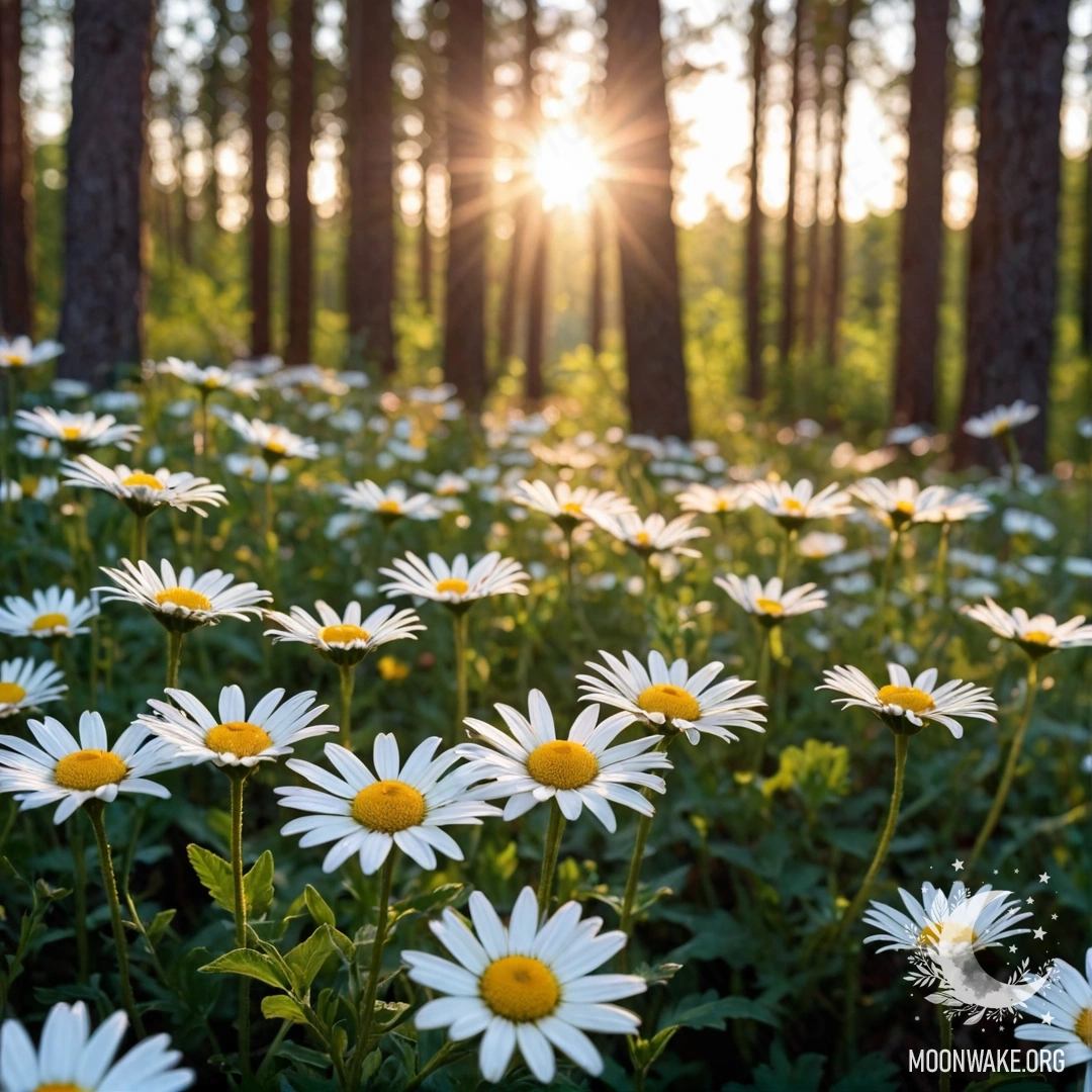 Close-up view of daisies in a forest at sunset, light filtering through the trees.
