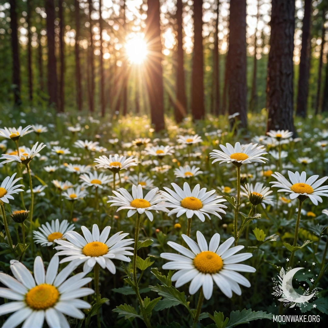 Sunset Through Forest Trees Close-up of daisies in a forest at sunset, sunlight filtering through trees.