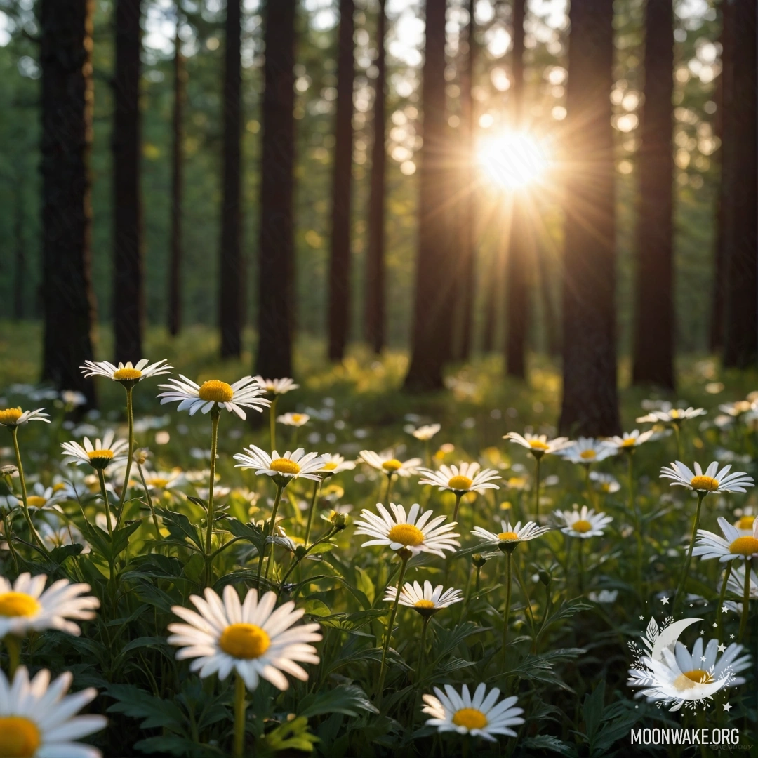 Sunset Through Forest Trees Close-up of daisies illuminated by sunset rays in a forest.