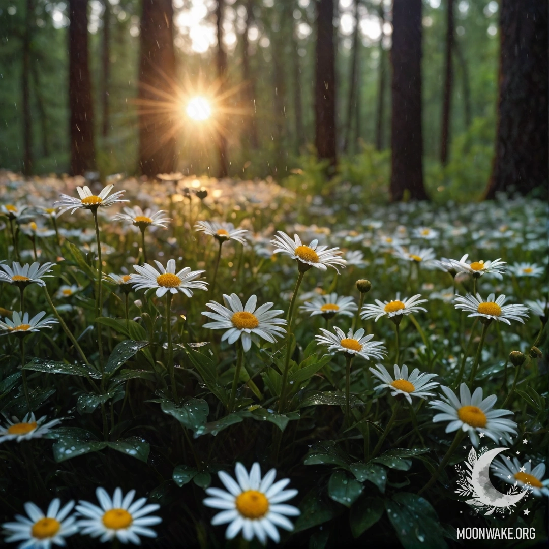Close-up of daisies under rain with sunset light filtering through the forest trees.