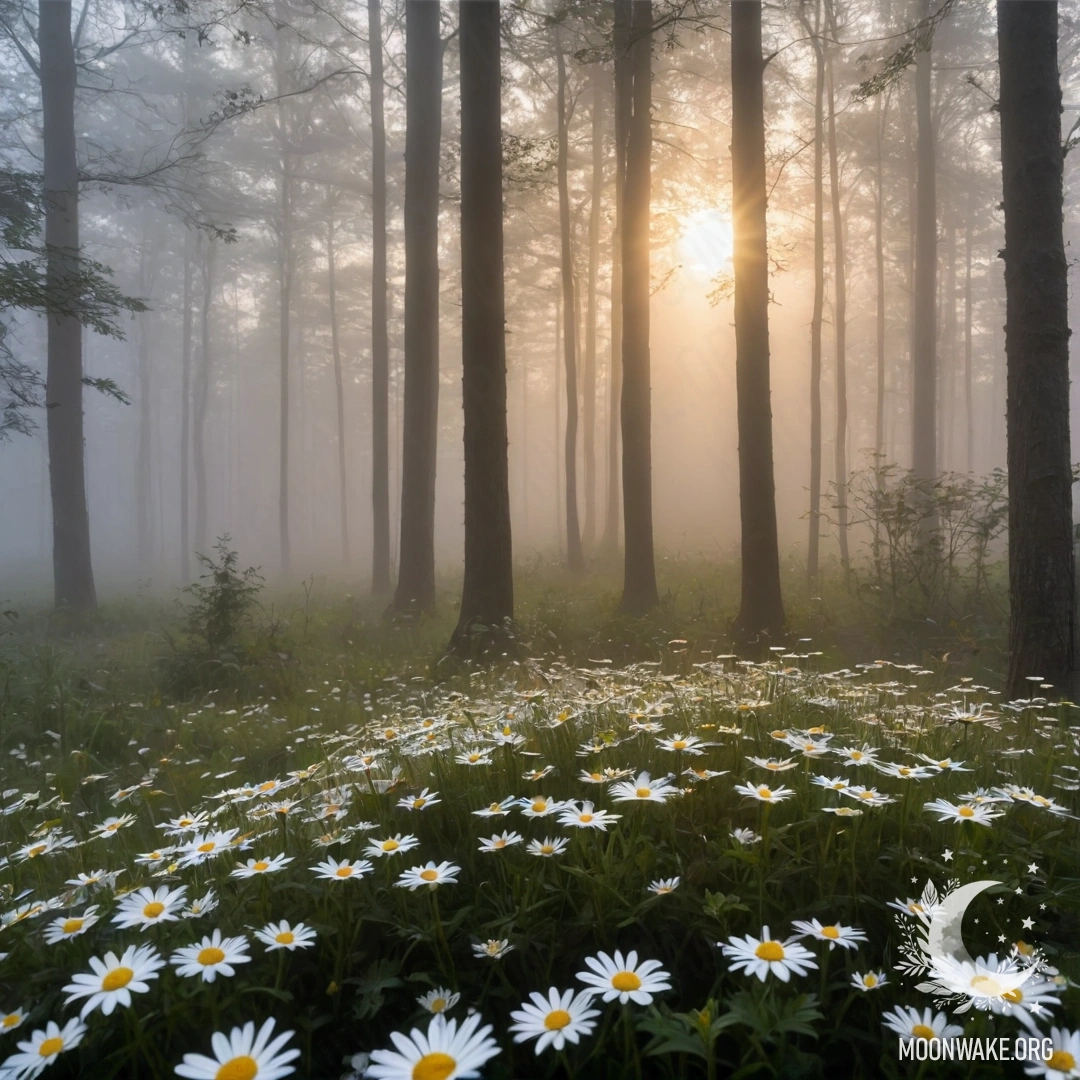 Close-up of daisies in a misty forest at sunset, with sunlight filtering through trees.