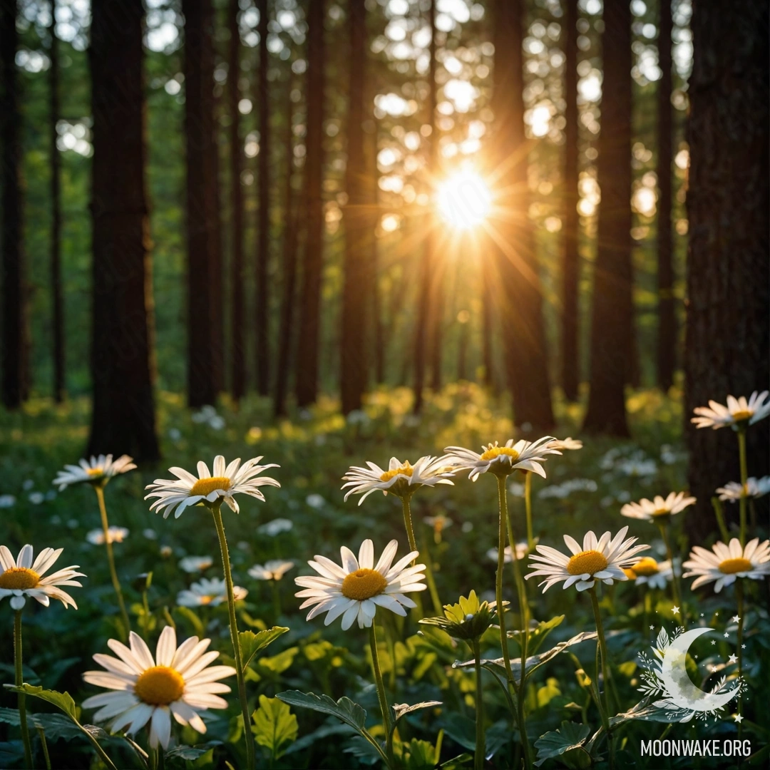 A close-up shot of daisies illuminated by the sunset in a forest.