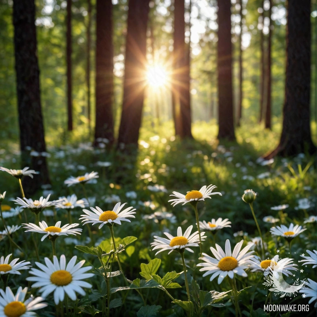 Close-up of daisies illuminated by sunlight filtering through trees at sunset.