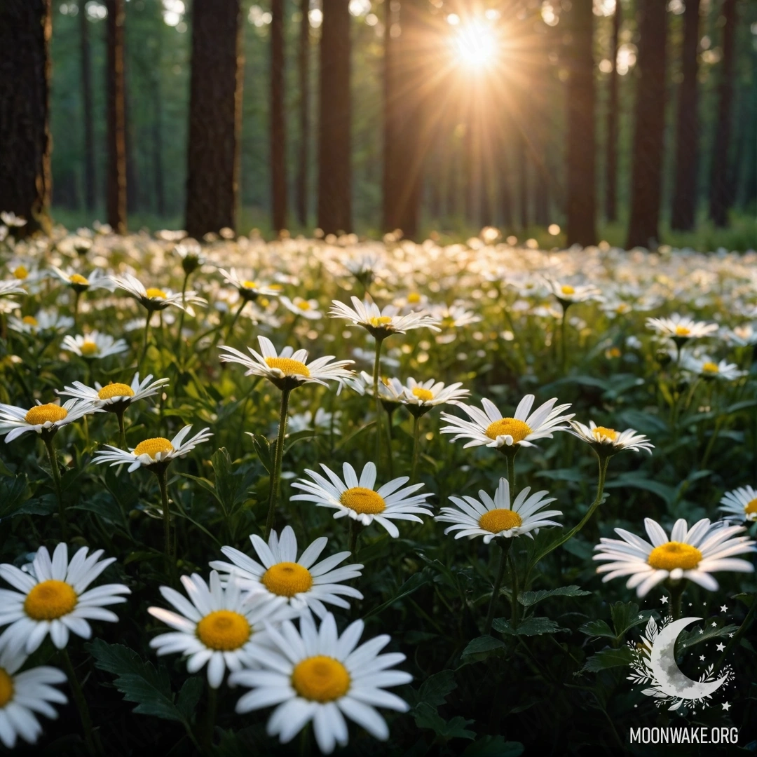 A close-up of daisies and a sunset filtering through trees