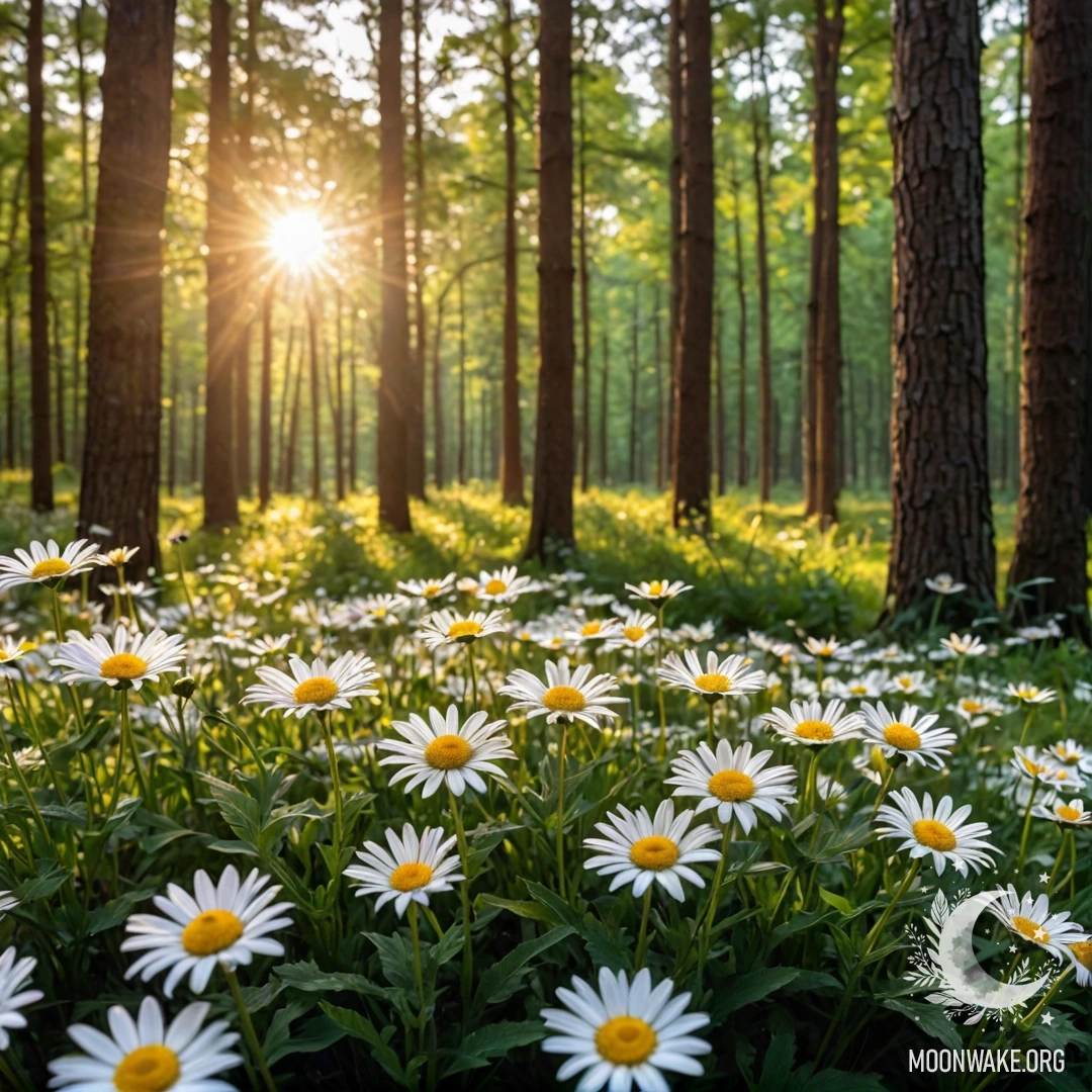 Close-up of daisies illuminated by sunset rays filtering through trees.