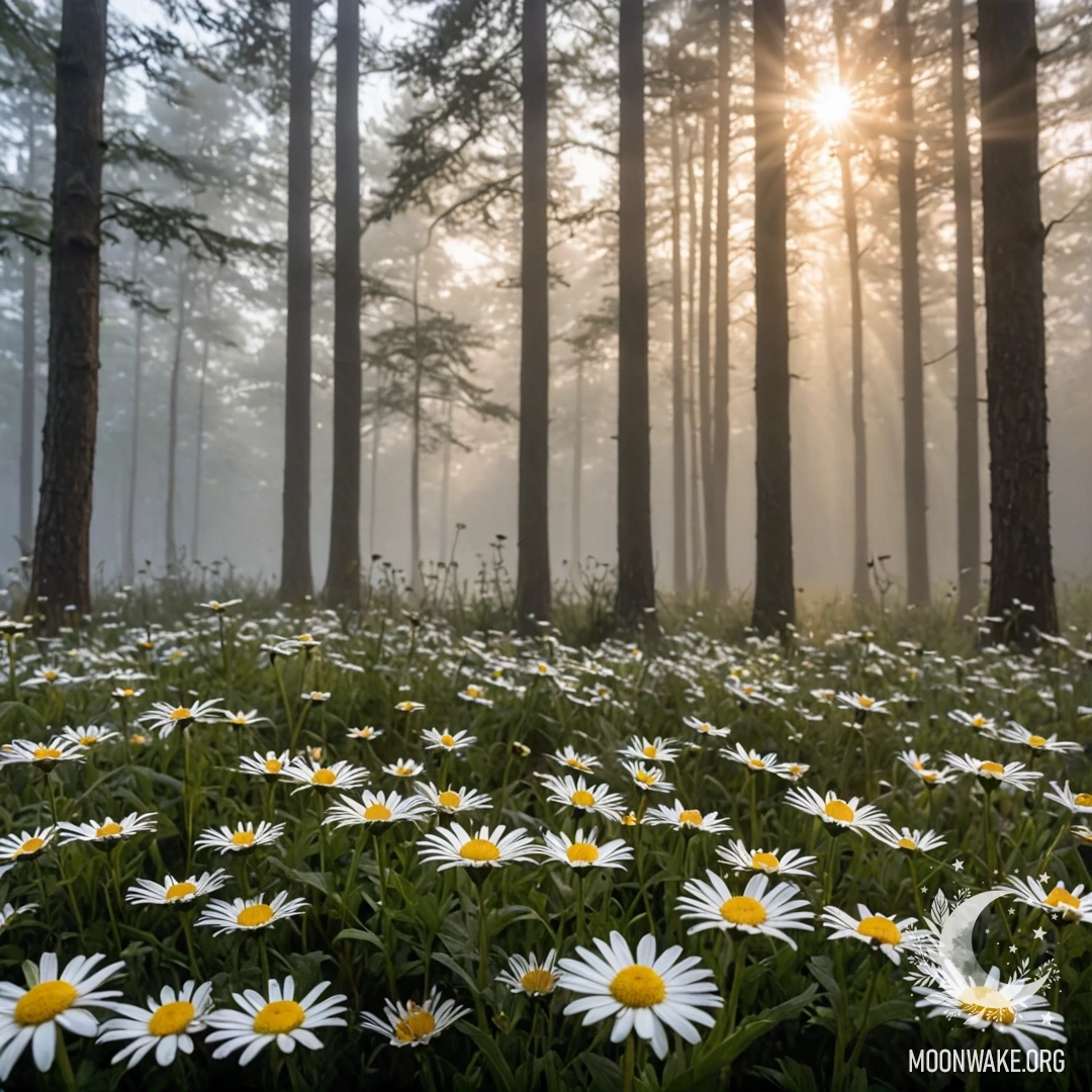 The sun shining through trees at sunset with daisies in fog.