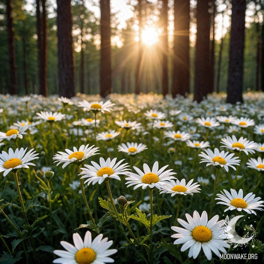 A close-up view of daisies illuminated by the sunset in a forest.