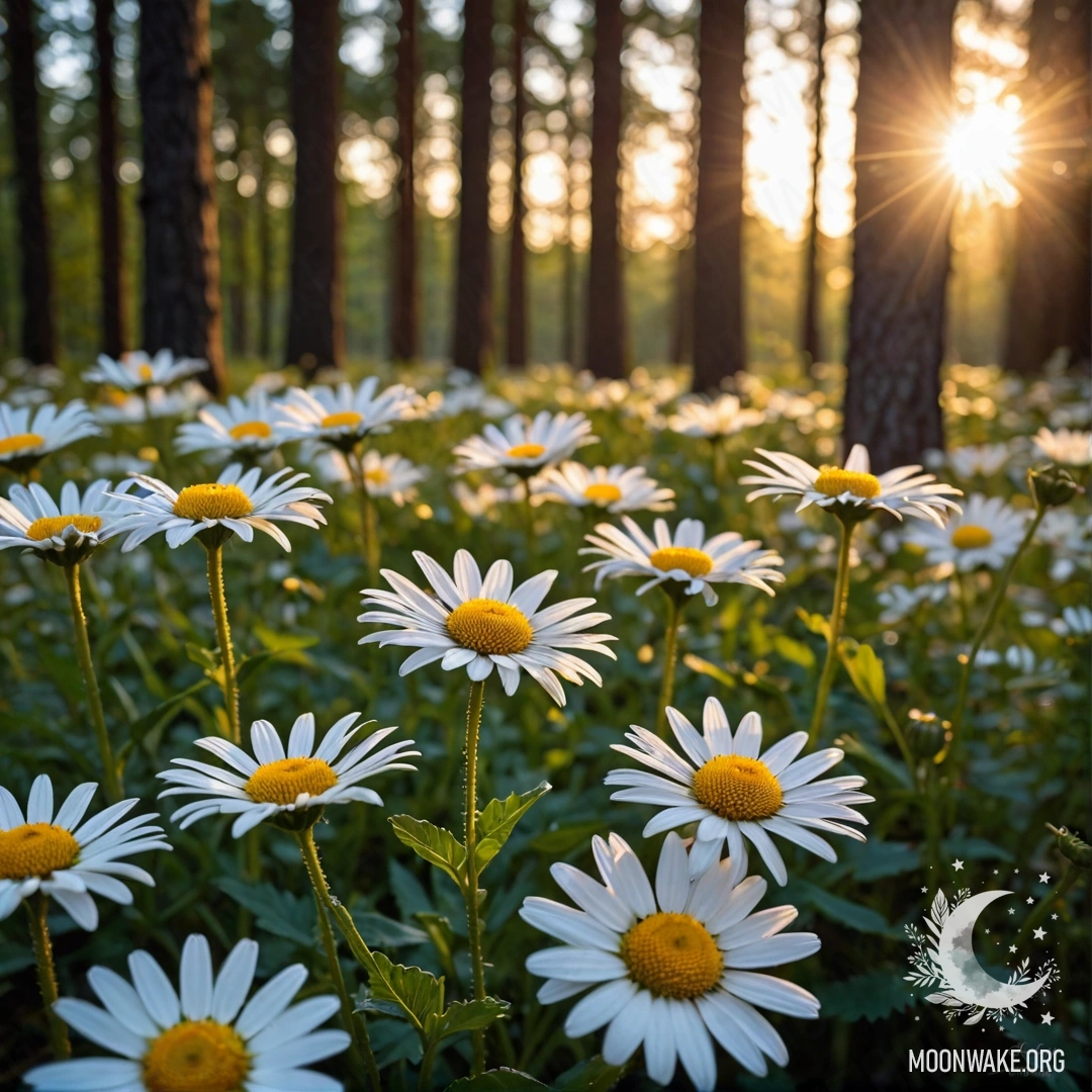 Close-up of daisies under the twilight sky with sun rays filtering through forest trees.