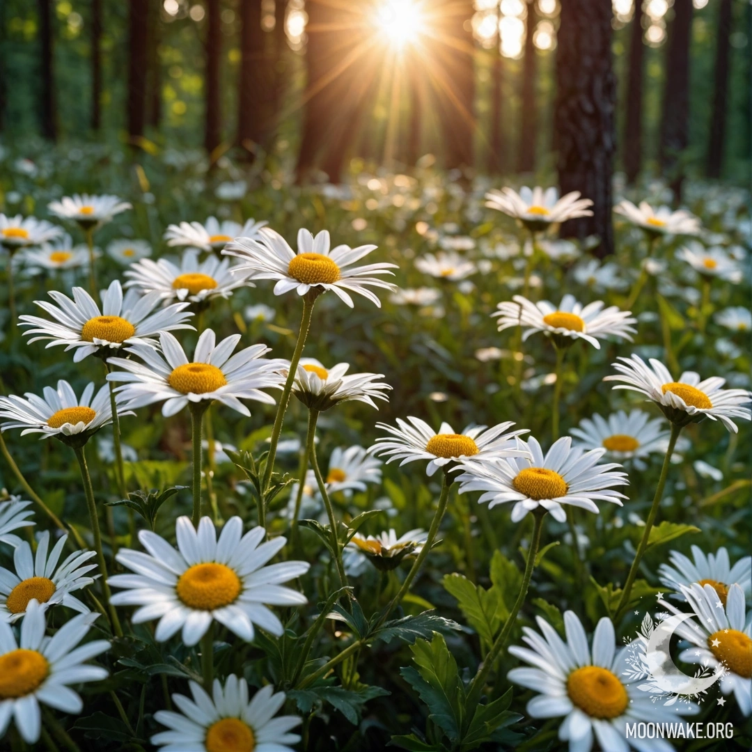 A close-up view of daisies under a night sky, with sunset light filtering through the trees in a forest.