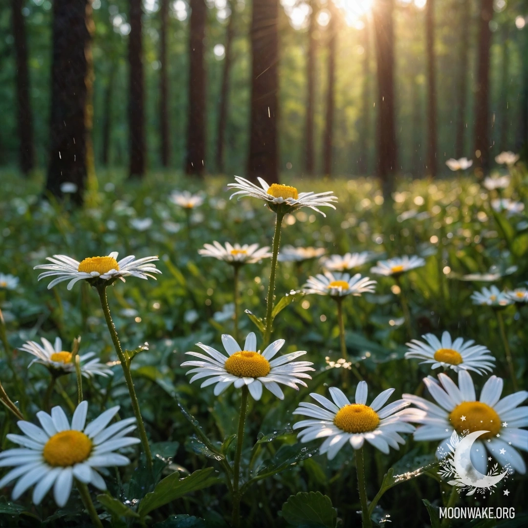 Close-up of daisies under the rain with sunlight shining through forest trees at sunset.