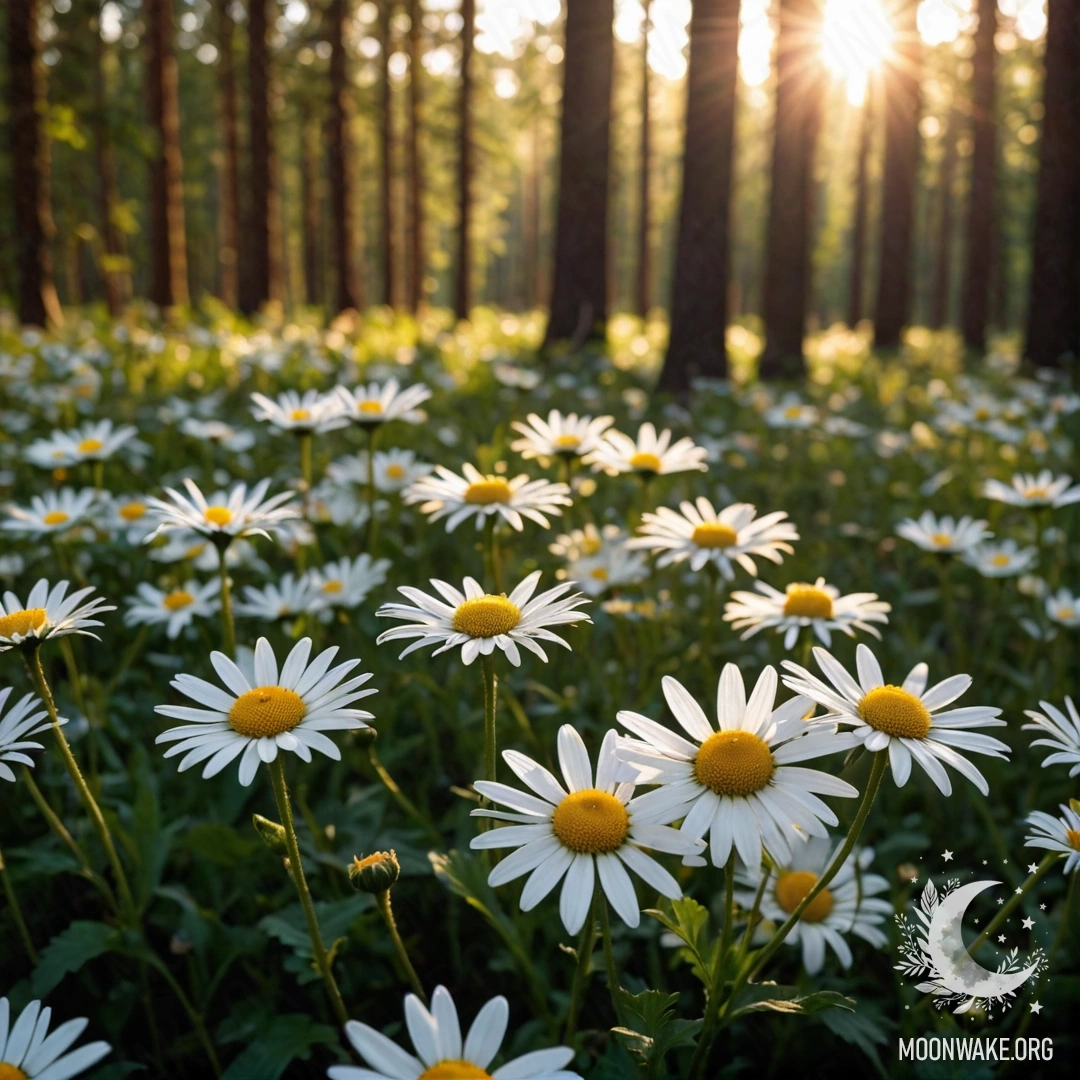 Close-up of daisies illuminated by sunset through forest trees