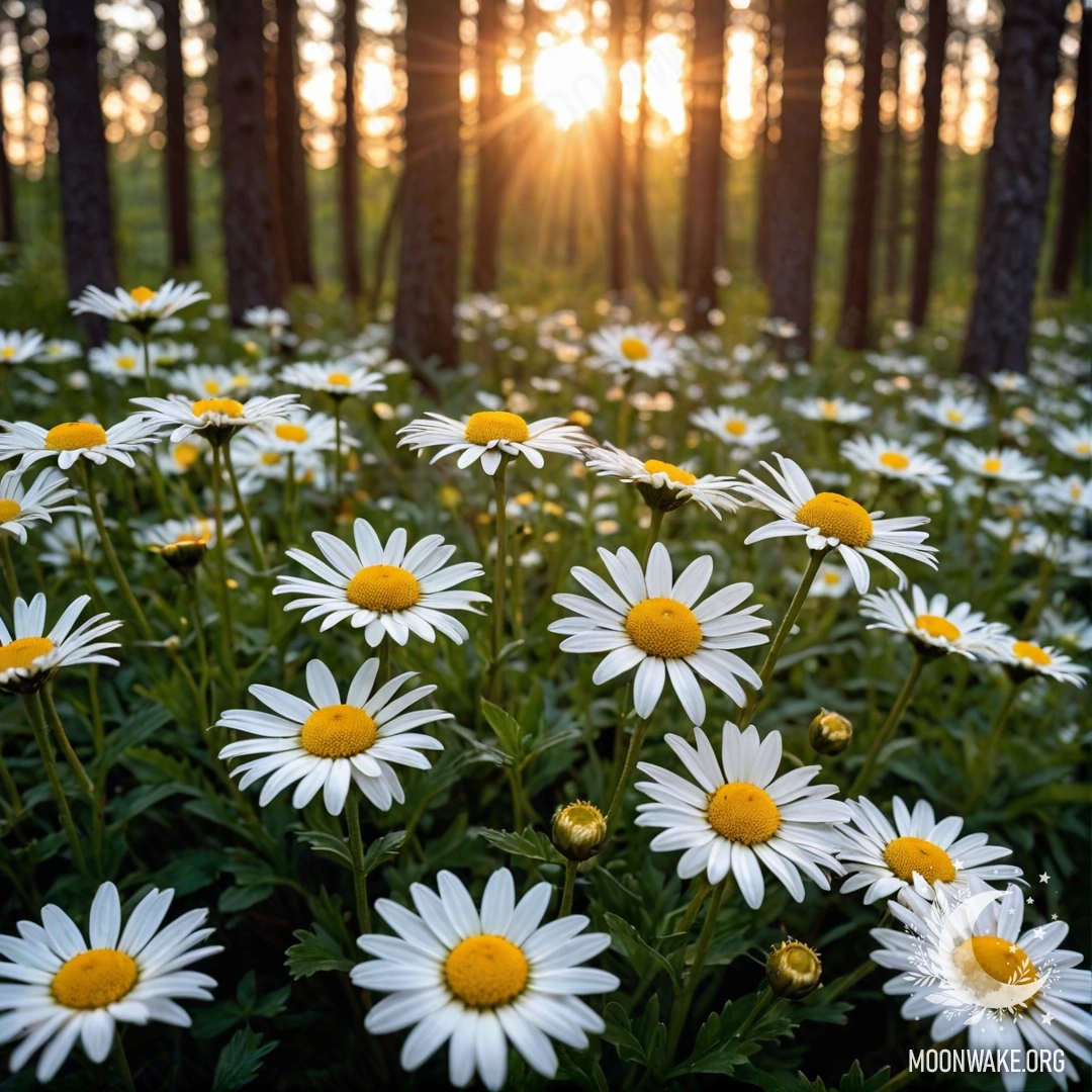 A close-up of daisies under the sunset light filtering through trees in a forest at night.