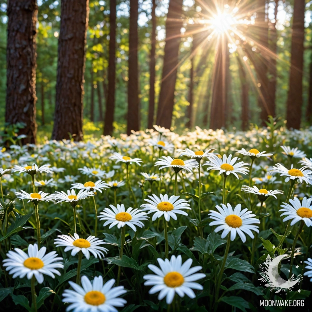 Close-up of daisies illuminated by soft garland lights amidst forest trees at sunset.