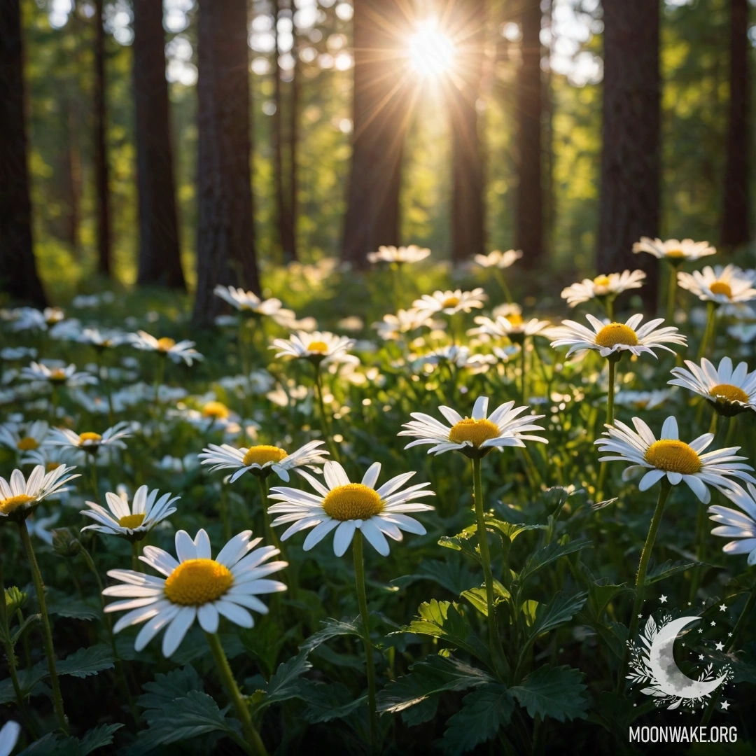 Close-up view of daisies with sunlight filtering through forest trees at sunset.