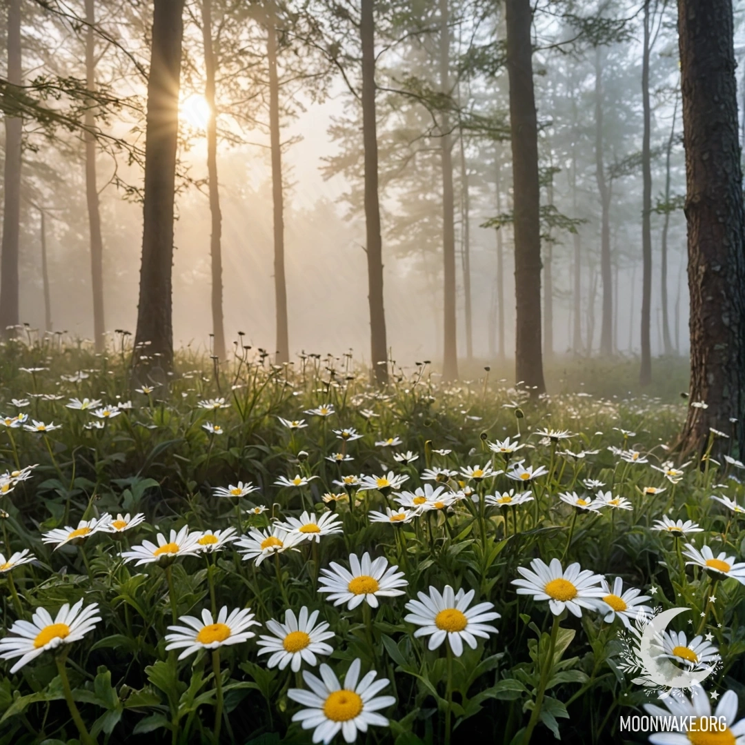 Close-up view of daisies with sunlight filtering through trees in a misty forest