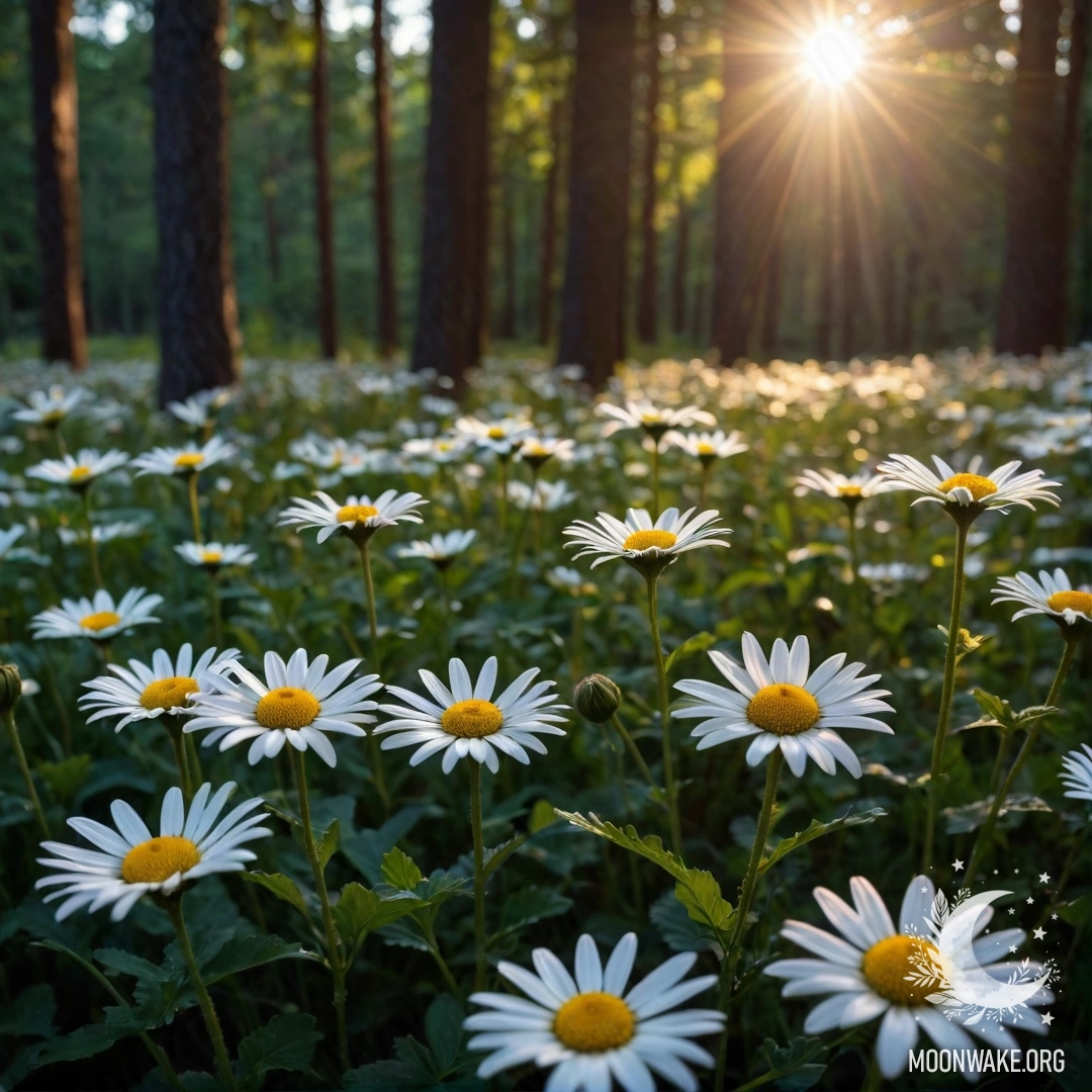 A close-up view of daisies at night with a forest backdrop illuminated by the sun setting through the trees.